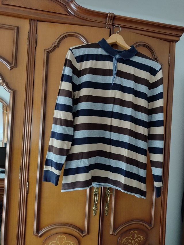 Polo manga larga rayas marrón-azul -gris y beige