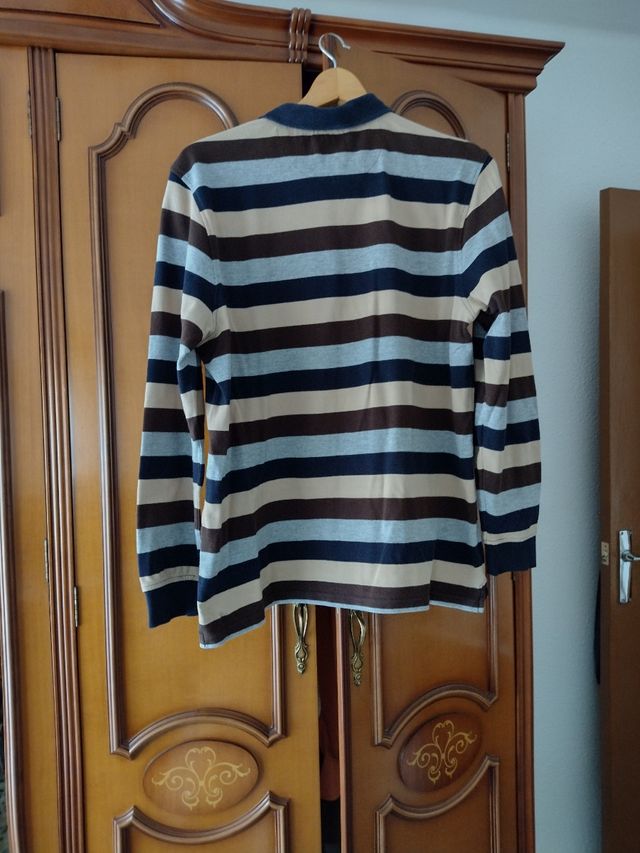 Polo manga larga rayas marrón-azul -gris y beige