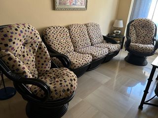 Sofá + 2 sillones rattan negros