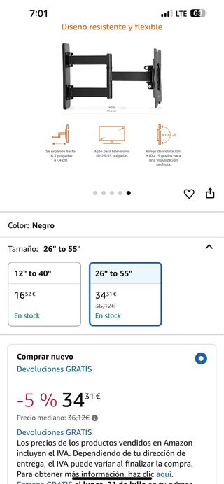 Amazon Basics Soporte pared giratorio inclinable