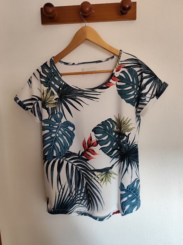 Camiseta estampada hojas - Blanco/Azul