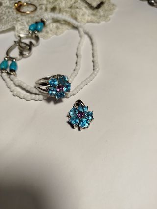 Anello e ciondolo fiori azzurro argento 925