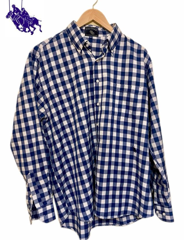 Camisa Polo Horse XL - cuadros azul blanco.
