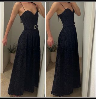 Vestido largo invitada noche encaje azul marino 