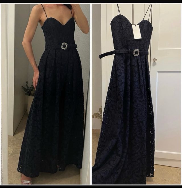 Vestido largo invitada noche encaje azul marino