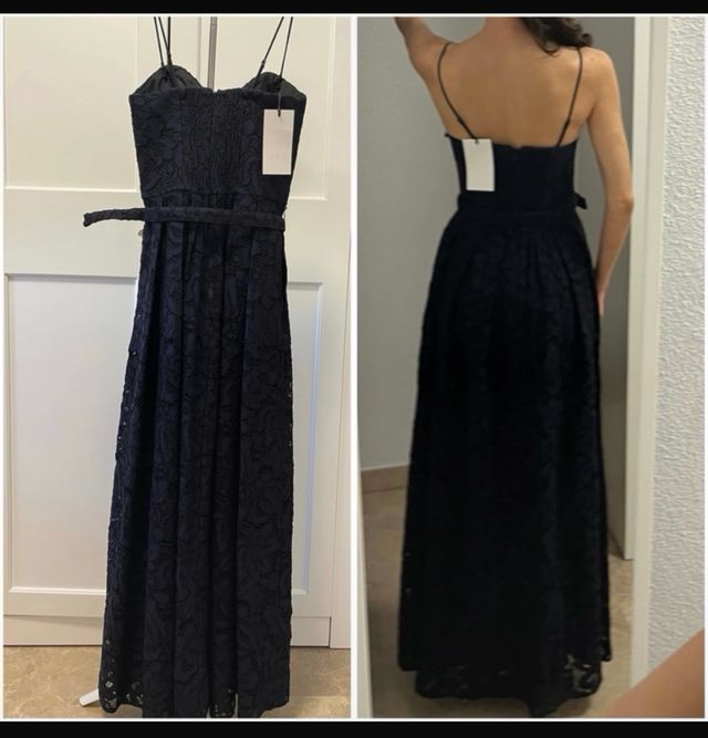 Vestido largo invitada noche encaje azul marino