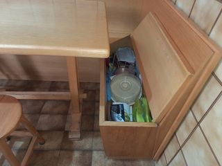 Tavolo angolare legno, panca contenitore angolare