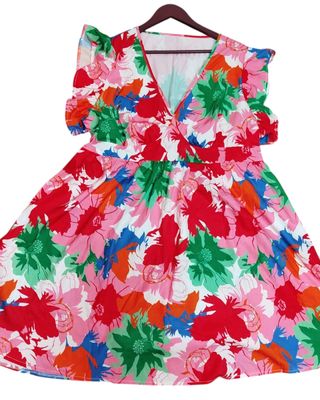 Vestido floral rojo y rosa - Talla 52-54 curvy
