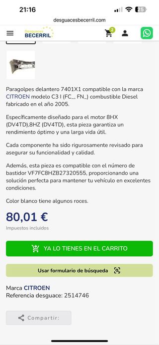 Parachoques Citroen C3 2005