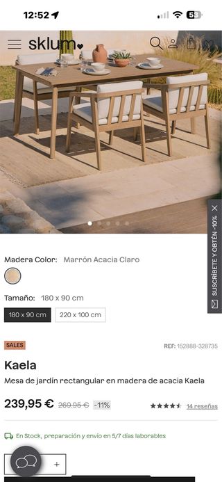 Mesa comedor SKLUM Kaela 180x90cm de madera acacia