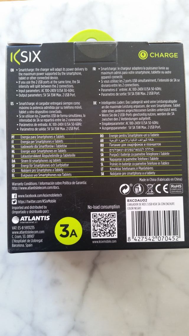 Caricatore di rete, 2 USB, 3A, con spina