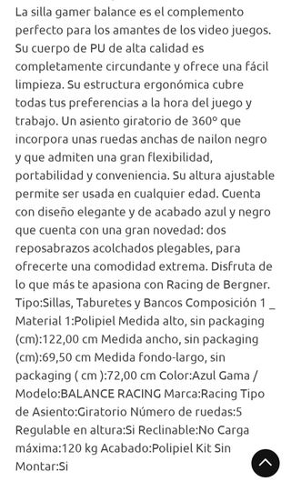 Silla Gaming Balance Racing - Azul Nuevo