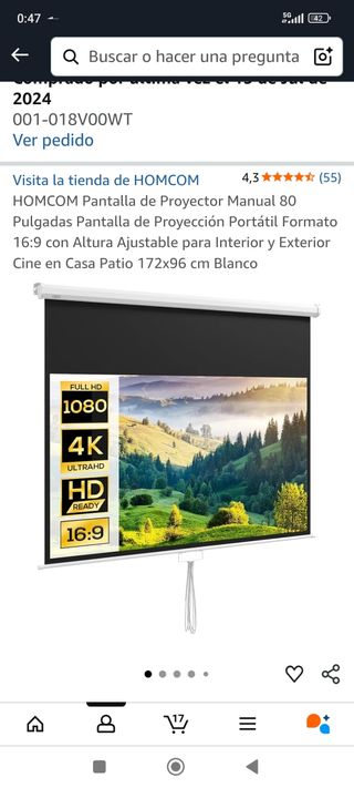 Pantalla proyección de 80 pulgadas