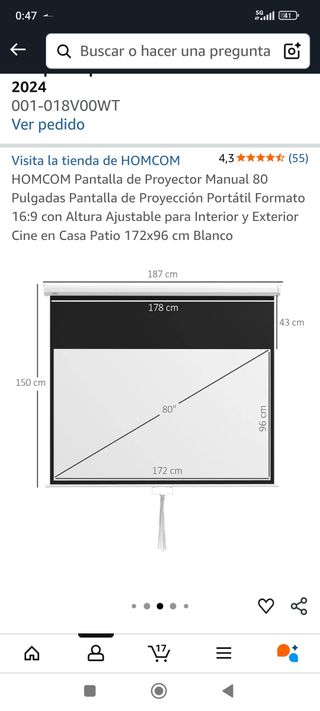 Pantalla proyección de 80 pulgadas
