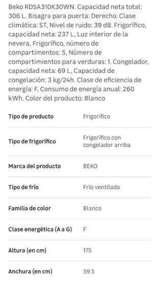 Nevera Beko - Frigorífico Blanco