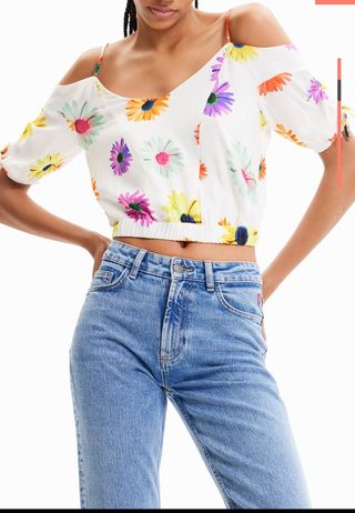 Blusa Top Camiseta Desigual  blanca - flores