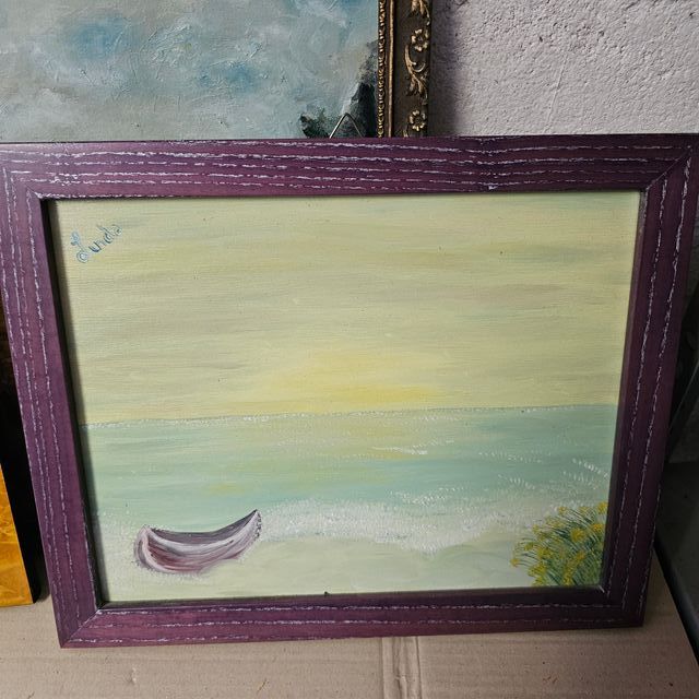 Quadro ad olio - barca sul fiume, canale Muzza