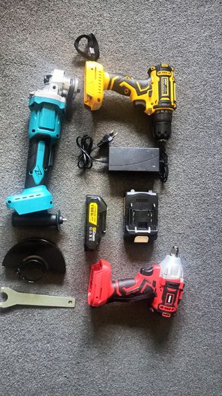 Kit taladro, llave de impacto y radial