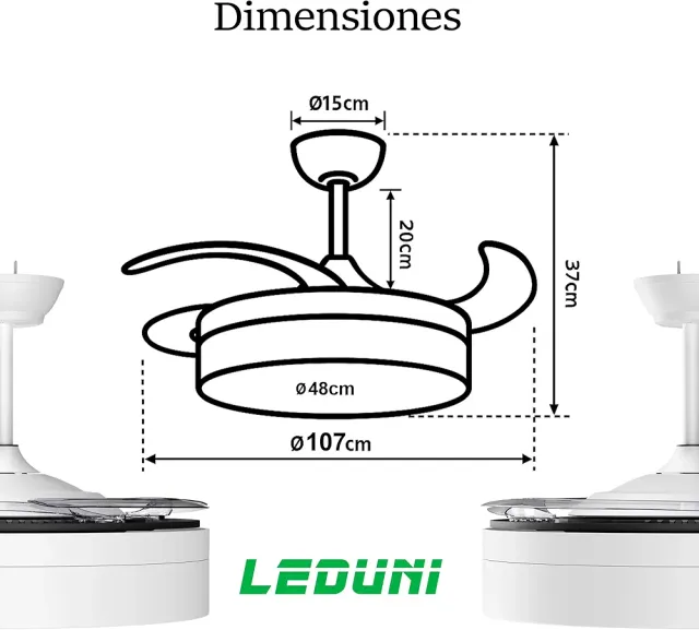 Ventilador techo blanco aspas retráctiles Luz Led