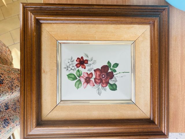 Cuadro flores vintage -  Porcelana y madera