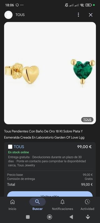 Pendientes Tous dorados y verdes