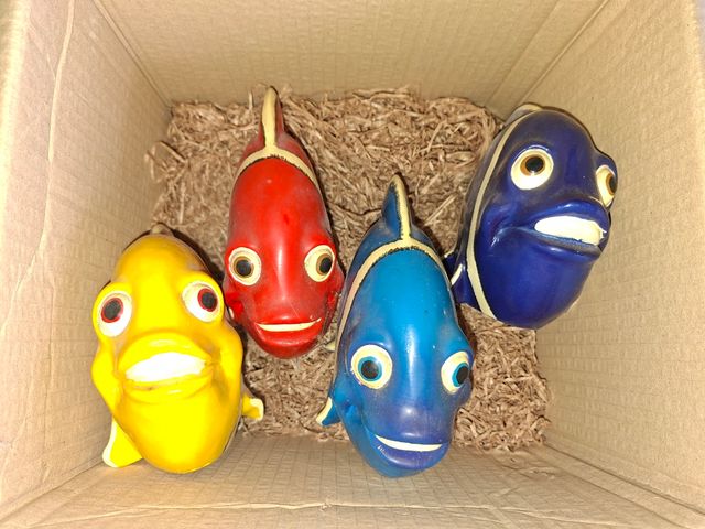 6 huchas cerámicas: peces y vacas