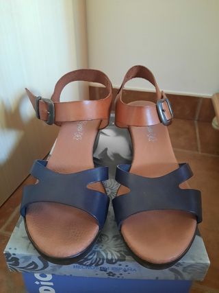Sandalias cuña mujer marrón-azul. 
