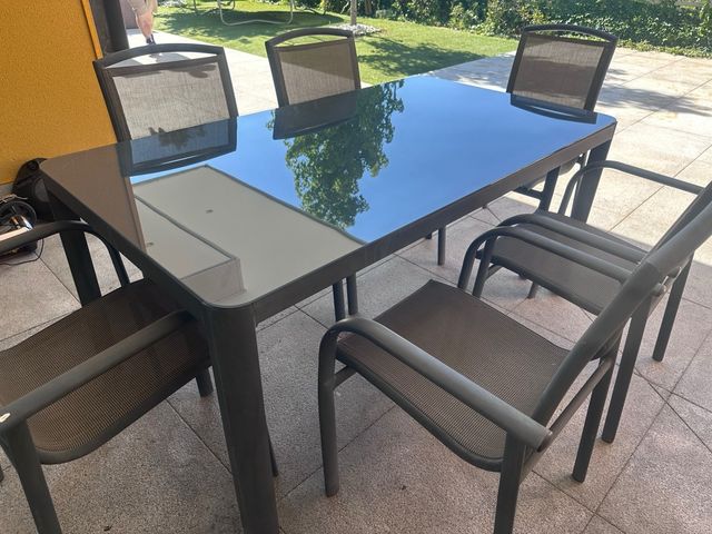 Mesa jardín y 6 sillas - Gris metal 160 x 90