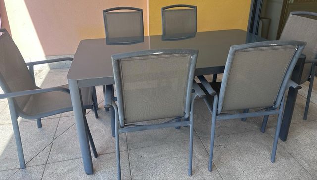 Mesa jardín y 6 sillas - Gris metal 160 x 90