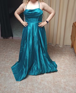 Vestido fiesta satén turquesa