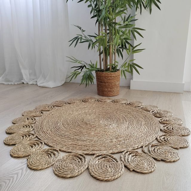 Tapete Redondo de Fibra Natural Estilo Boho Nordic