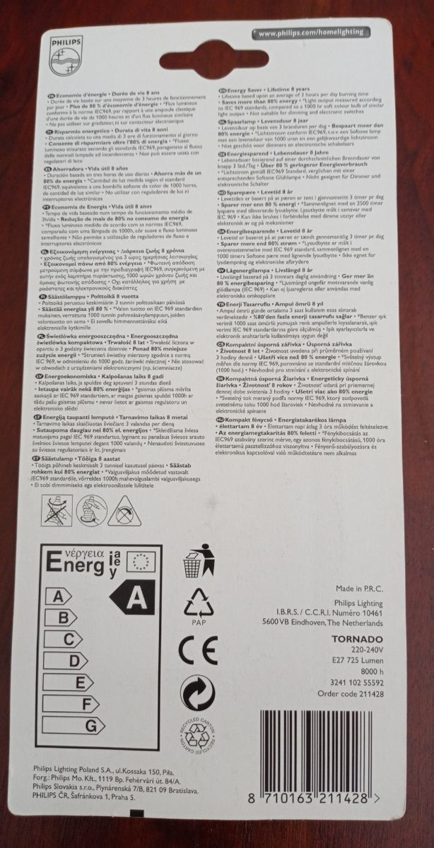 2 Bombillas Philips Tornado 12W (65Watt). E27.