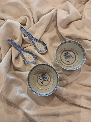 2 Ciotole & 2 Cucchiaini Porcellana Blu