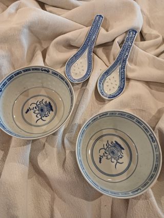 2 Ciotole & 2 Cucchiaini Porcellana Blu