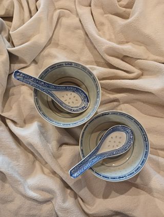 2 Ciotole & 2 Cucchiaini Porcellana Blu