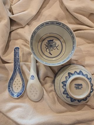 2 Ciotole & 2 Cucchiaini Porcellana Blu