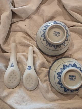 2 Ciotole & 2 Cucchiaini Porcellana Blu