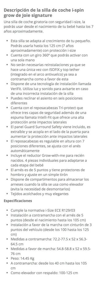 Silla coche bebé i-spin Grow de Joie Signature.