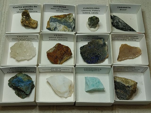 Lotto di 12 minerali in scatole da 4 x 4