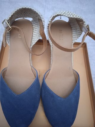 Sandalias cuña azul mujer Piel