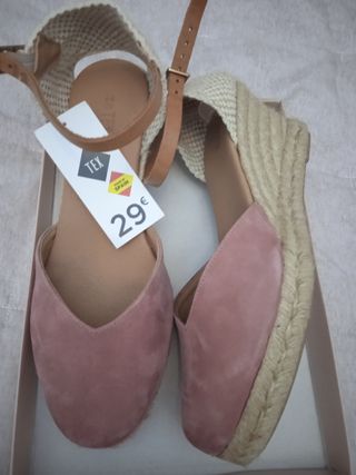 Sandalias cuña azul mujer Piel