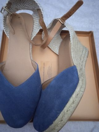 Sandalias cuña azul mujer Piel