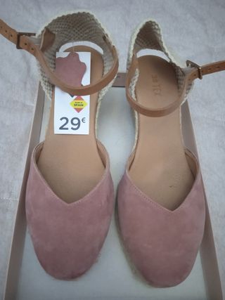 Sandalias cuña azul mujer Piel