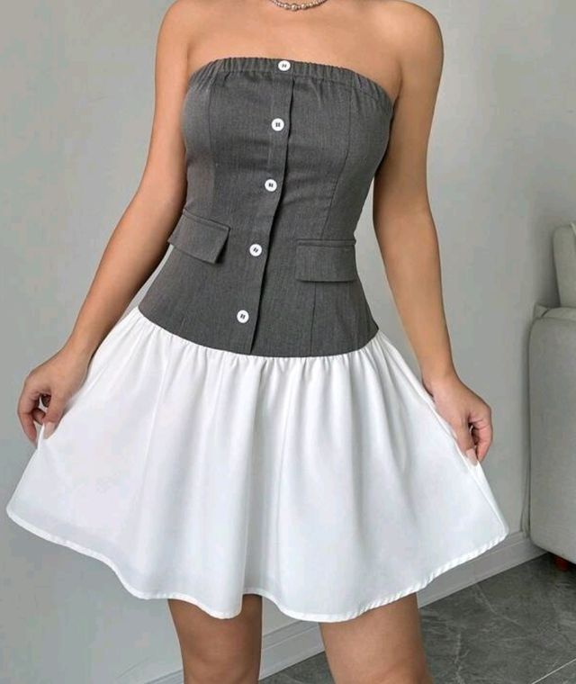 Vestido gris y blanco - sin tirantes