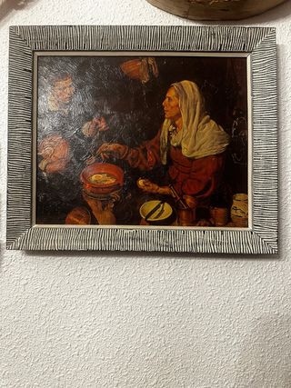 Cuadro antiguo: Mujer friendo huevos