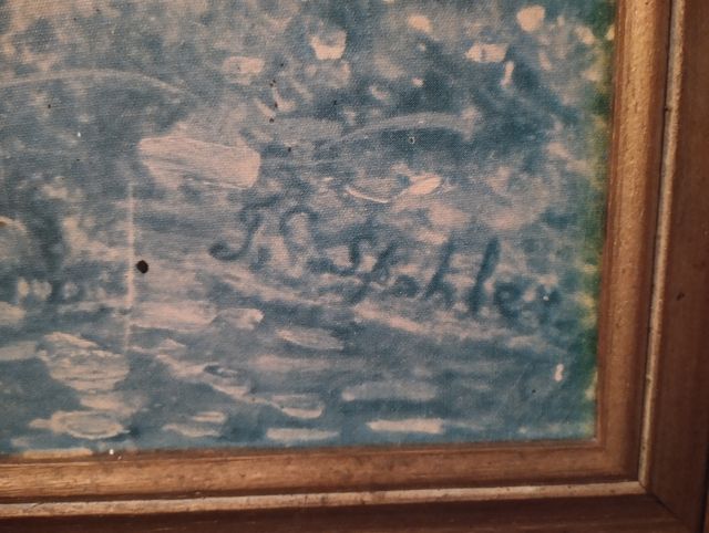 Cuadro antiguo paisaje fluvial