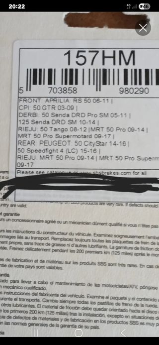 Pastillas freno SBS Scooter 50 CC