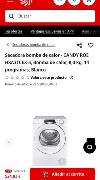 Secadora Candy 8kg Bomba de calor 