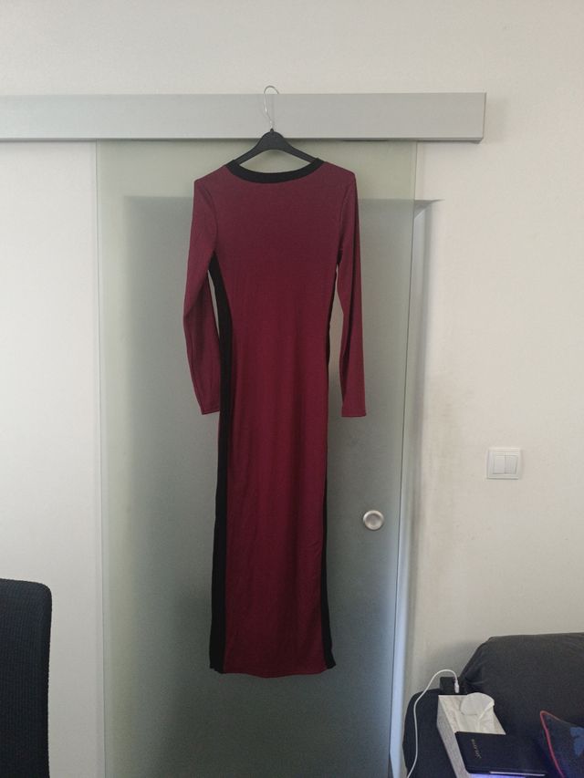 Vestido canalé largo rojo-negro