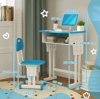 Escritorio infantil azul y rosa con silla